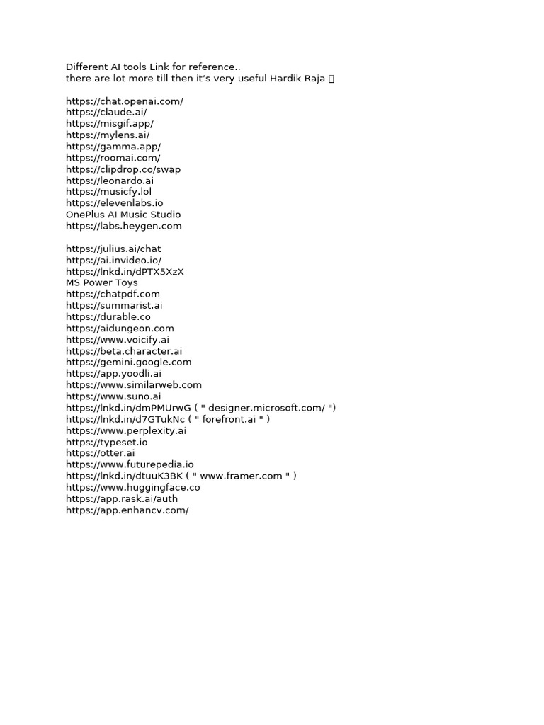 Different AI Tools Link For Reference | PDF