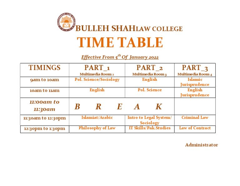 Bullet Shah Law College Timetable 2022 | PDF