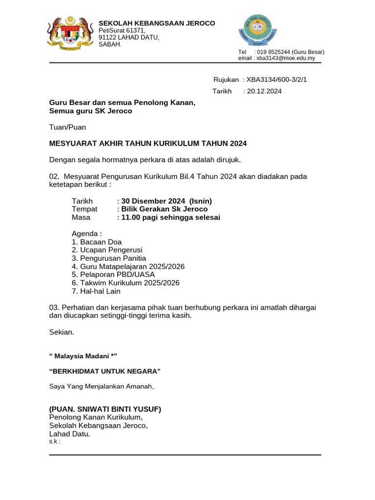 Surat Panggilan Mesyuarat Akhir Tahun Kurikulum 2024) | PDF