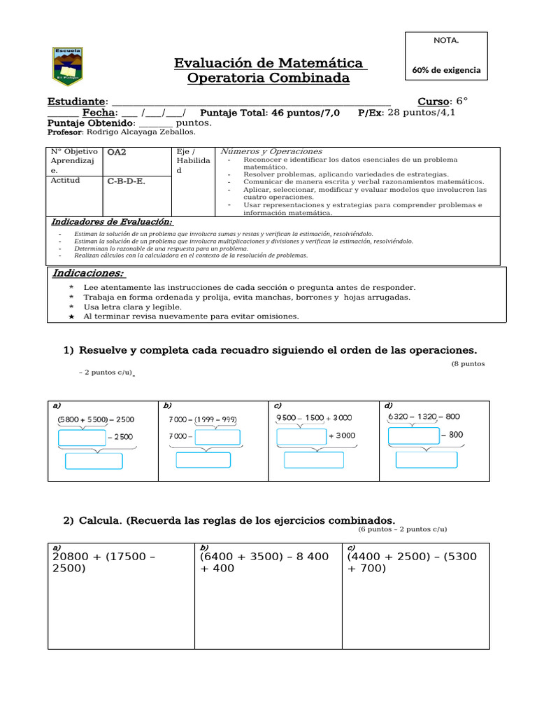 Ejercicios de Operaciones Básicas 6° | PDF | Matemáticas
