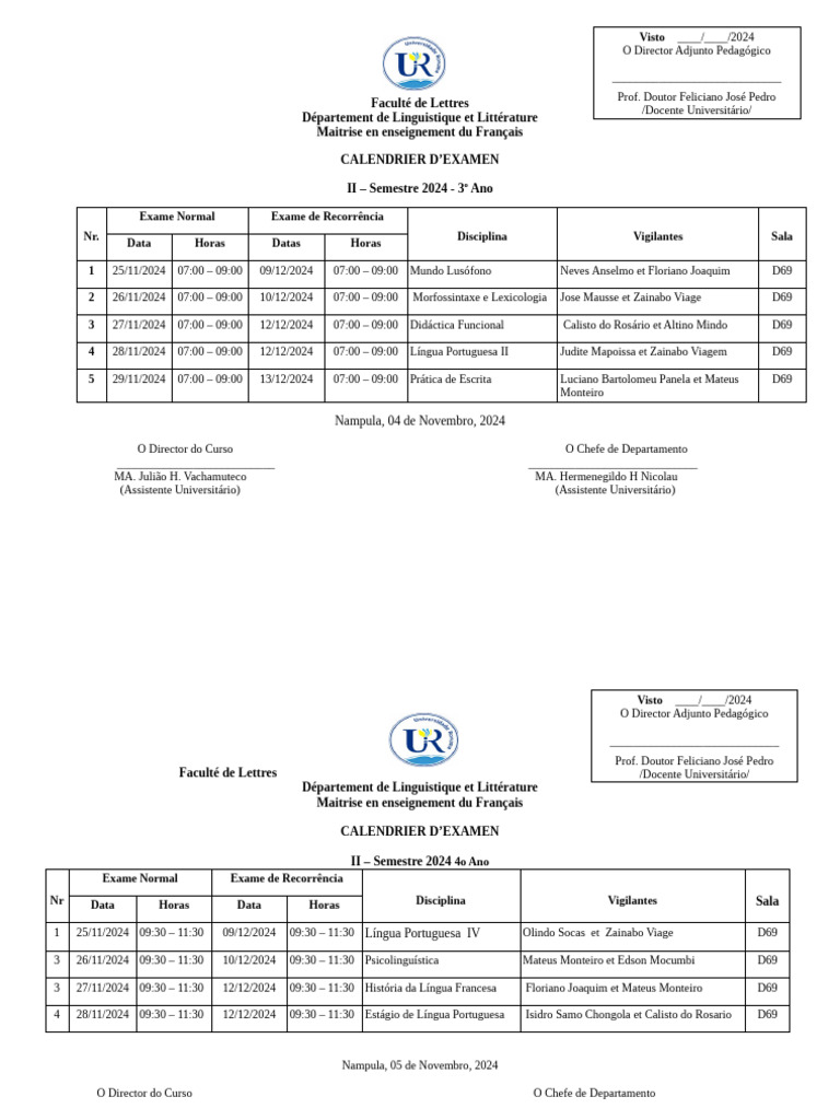 FRANCES_Calendario de Exames 2o semestre 2024 | PDF