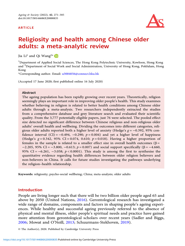 Religiosity and Health in Chinese Seniors | PDF | Meta Analysis