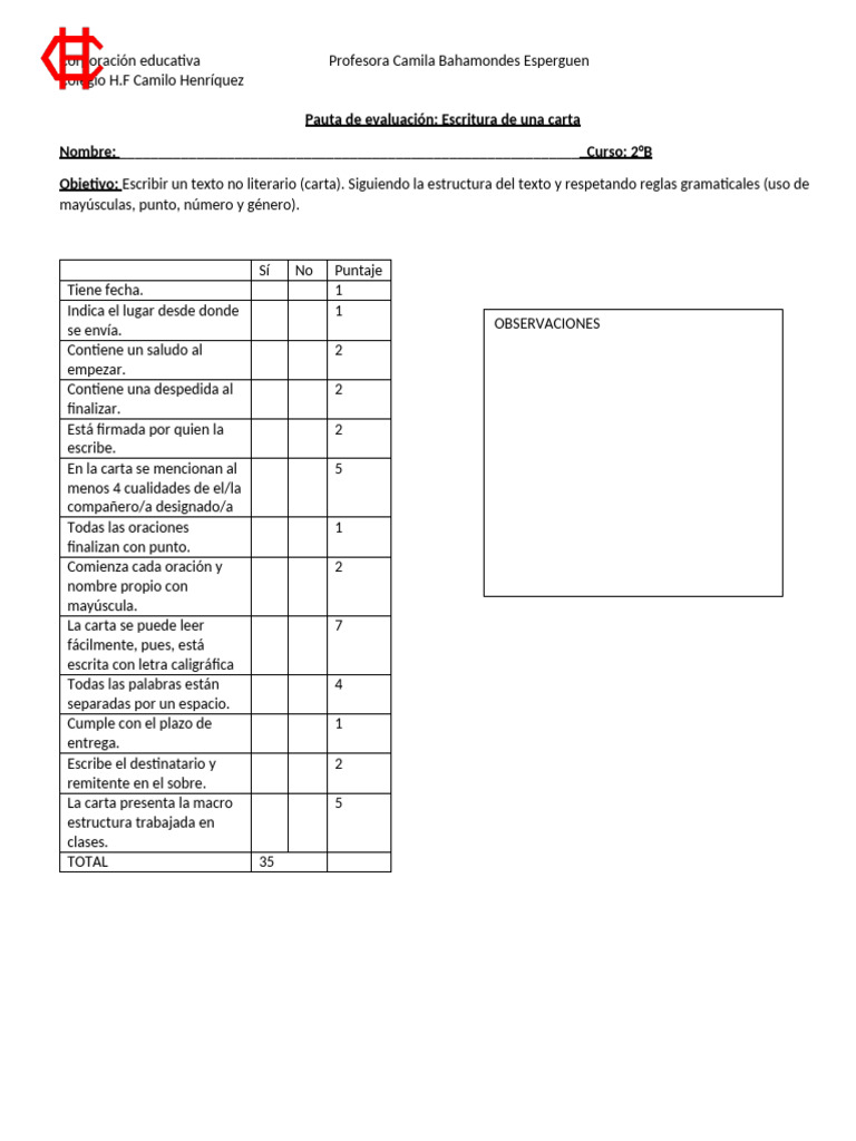 Pauta de Evaluación para Cartas 2°B | PDF