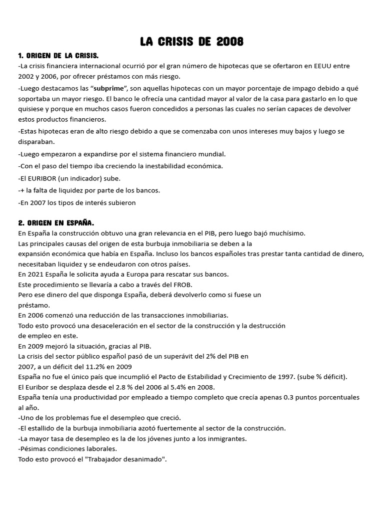 Orígenes y consecuencias de la crisis 2008 | PDF | Economias | Dinero