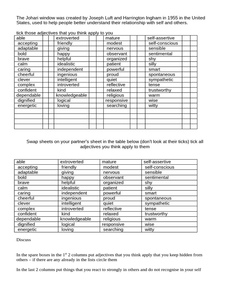 Johari Window Questionaire Ex | PDF | Extraversion And Introversion ...