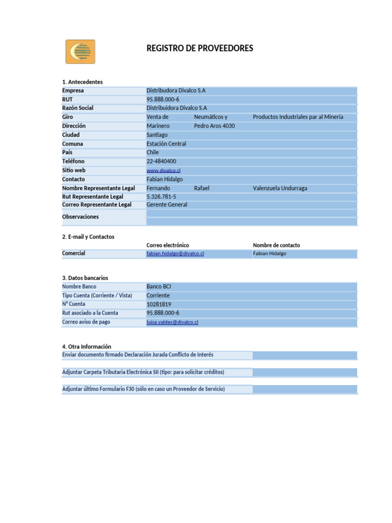 Registro de Proveedor Divalco S.A. | PDF