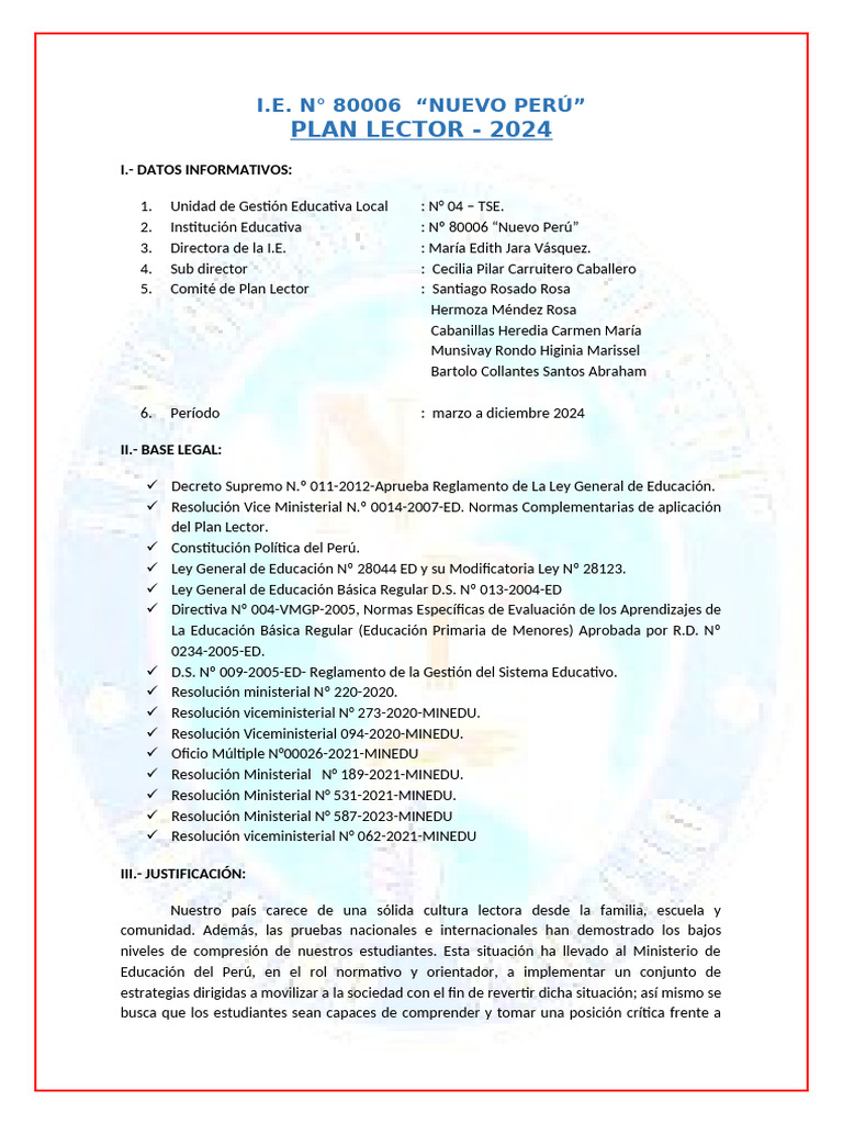 Plan Lector 2024 I.E. N° 80006 "Nuevo Perú" | PDF | Salón de clases ...