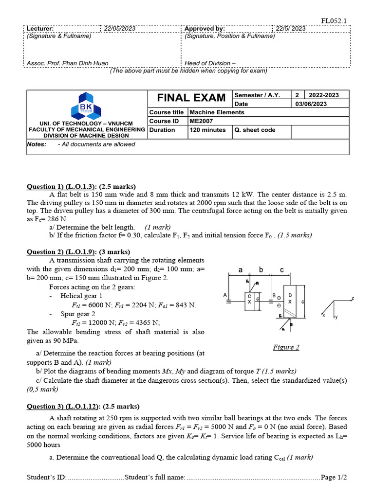 Final Exam 3 6 2023 Machine Elements 1 | PDF | Belt (Mechanical) | Screw