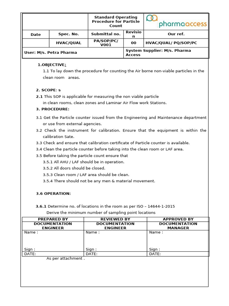 SOP for Non-Viable Particle Counting | PDF | Calibration | Metrology