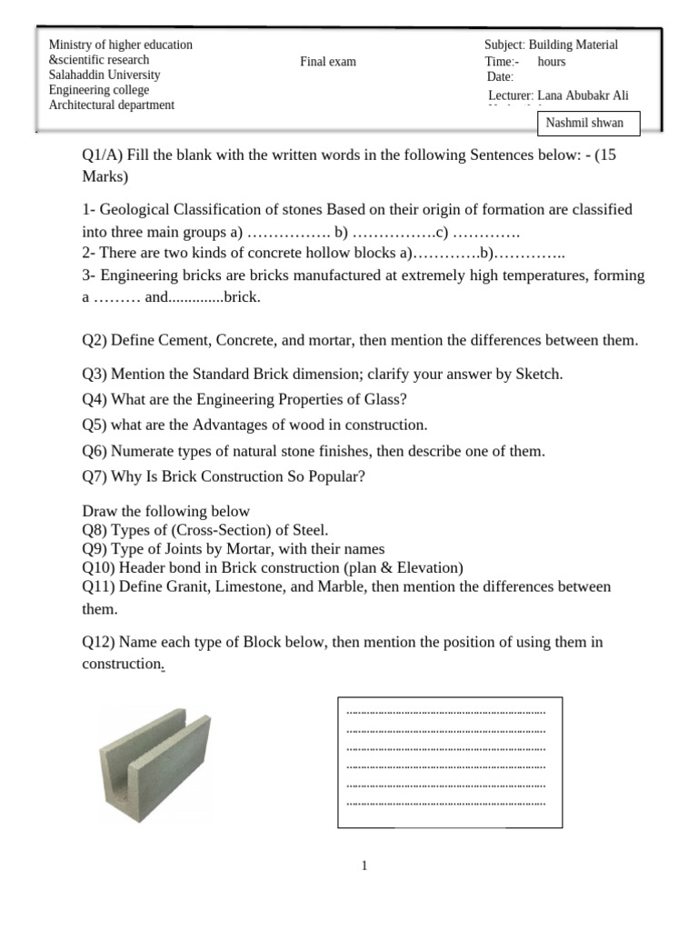 Building Materials Exam Questions Guide | PDF | Brick | Building Materials