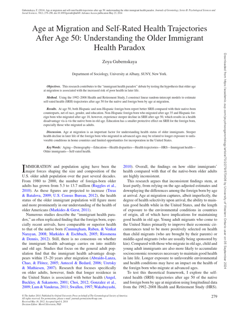 Age at Migration and Self Rated Health Trajectories After Age 50 | PDF ...