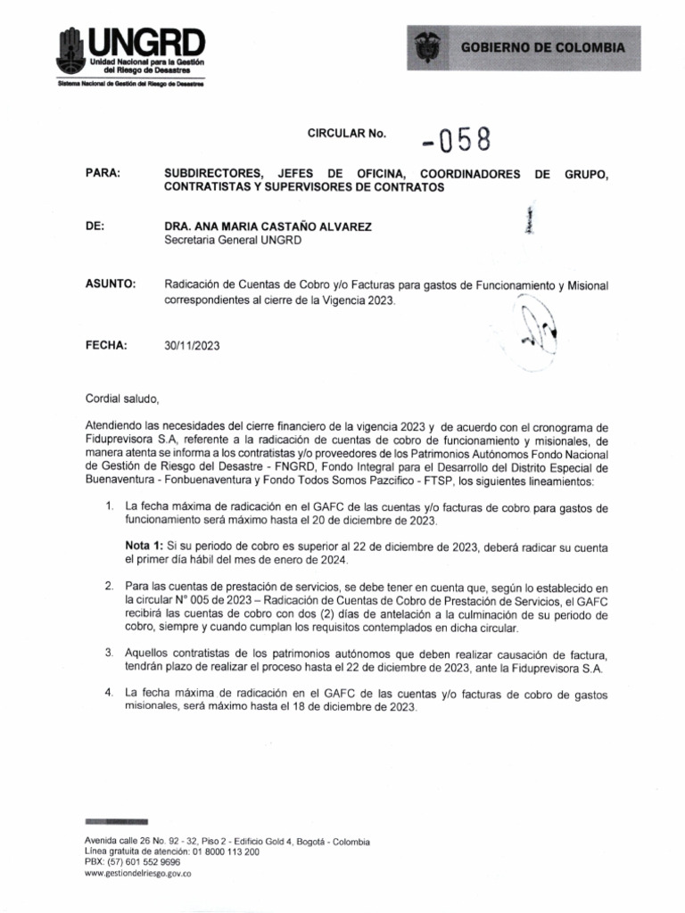 Circular No 058 de 30 Noviembre 2023 | PDF