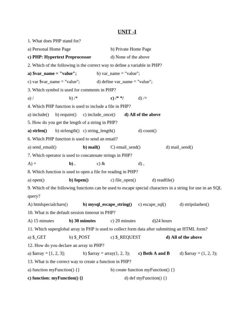 PHP Unit I MCQ With Answer Bold Without Topic | PDF | Dynamic Web Page ...