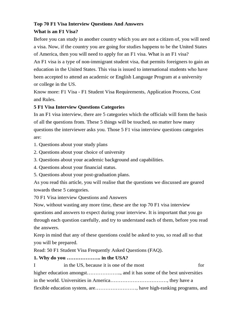 Top 70 F1 Visa Interview Questions and Answers | PDF | Cost Of Living ...