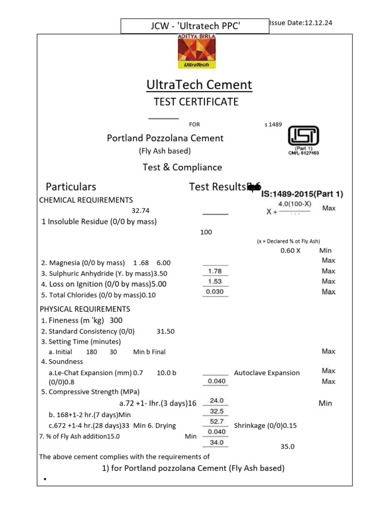 UltraTech Portland Pozzolana Cement Test | PDF