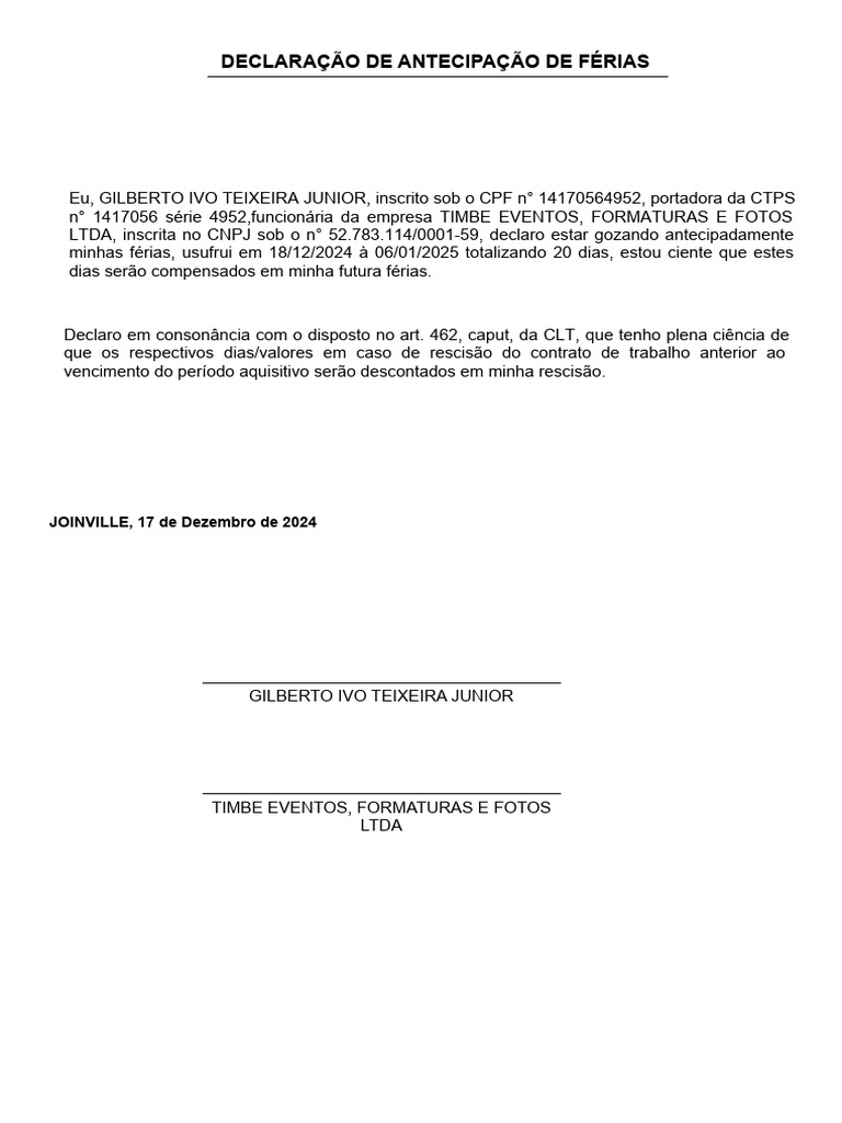 Declaração de Antecipação de Férias | PDF