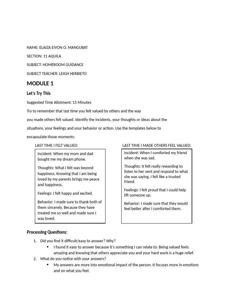 Homeroom Guidance 1 Pdf Self Esteem Feeling