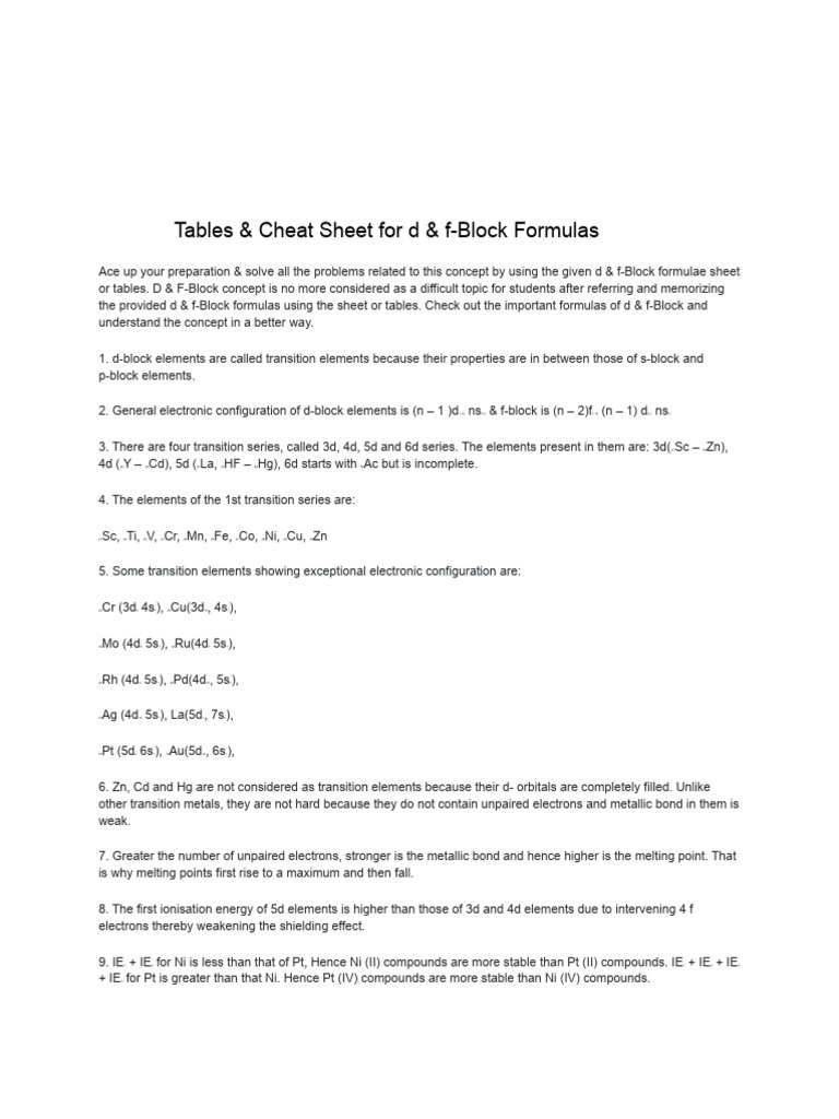 Concepts and Formulas 0 | PDF | Transition Metals | Materials