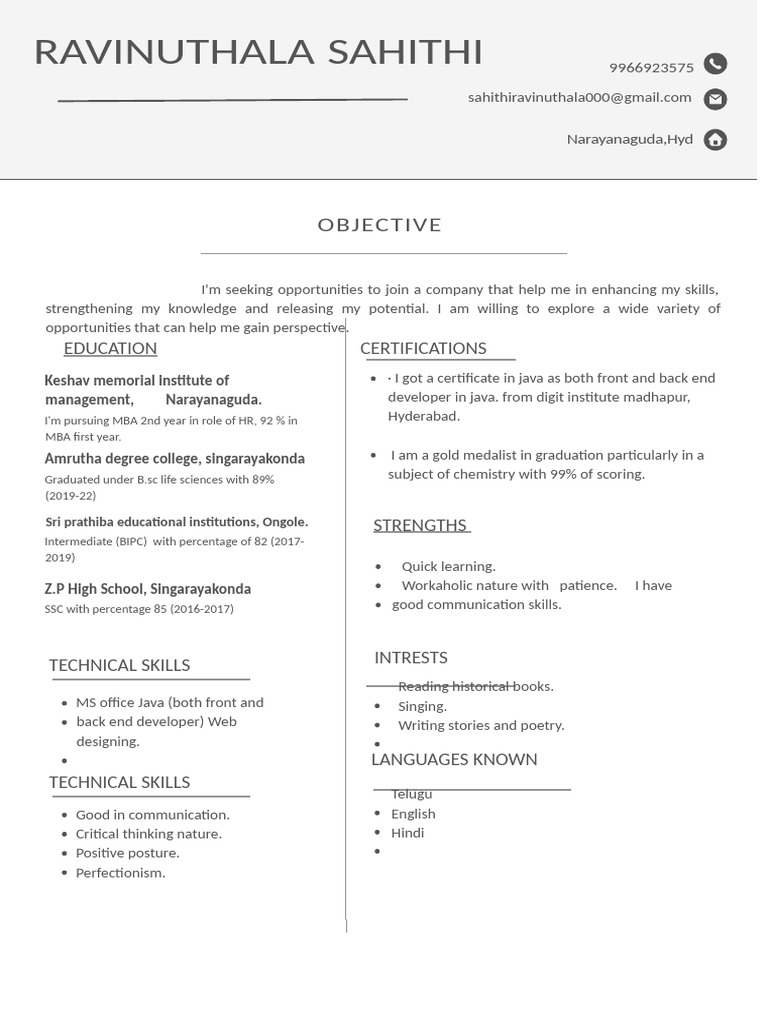 Skills and Education Summary of Sahithi | PDF