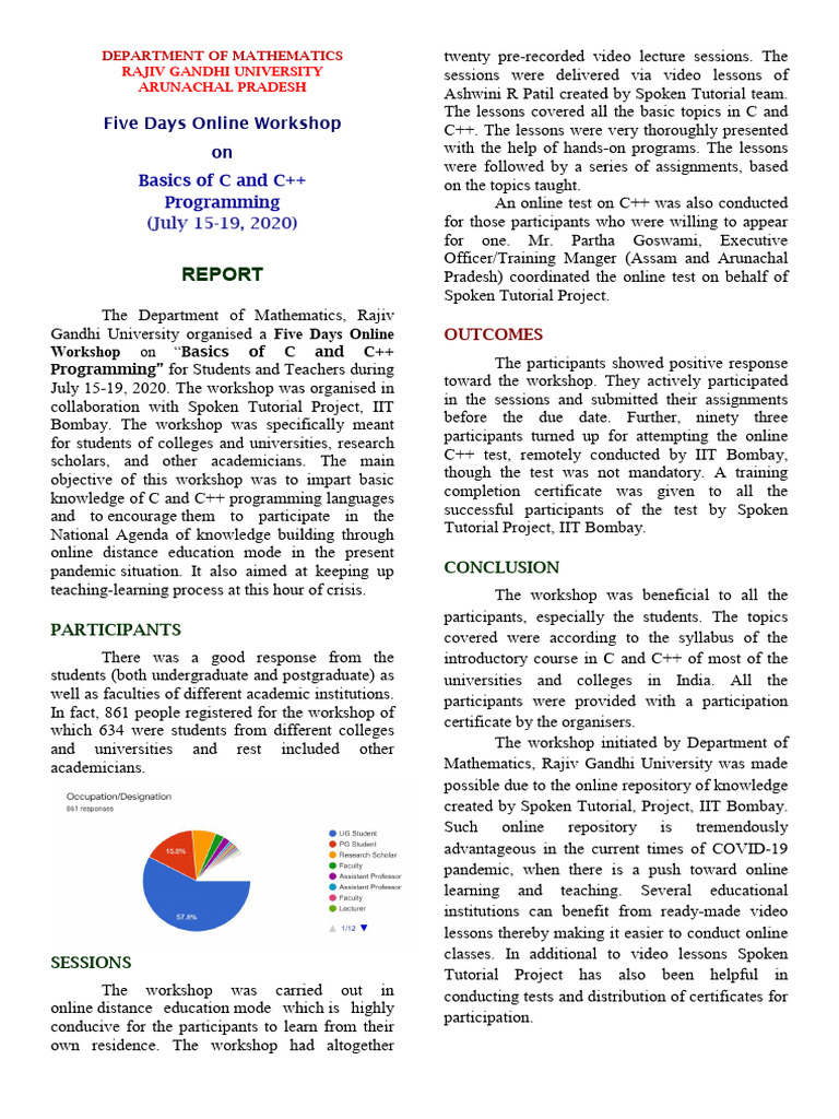 3.3.2 - Report On Workshop On The Basics of C and C - Maths - 2020 21 | PDF