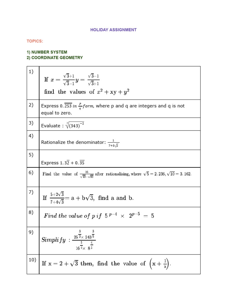 Holiday Assignment - NUMBER SYSTEMS AND COORDINATE GEOMETRY | PDF