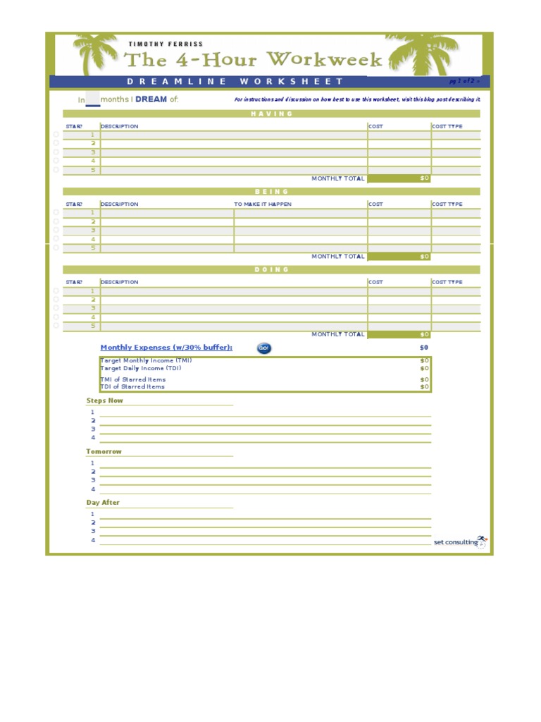 Tim Ferriss - Dreamline Worksheet | PDF | Insurance | Credit Card