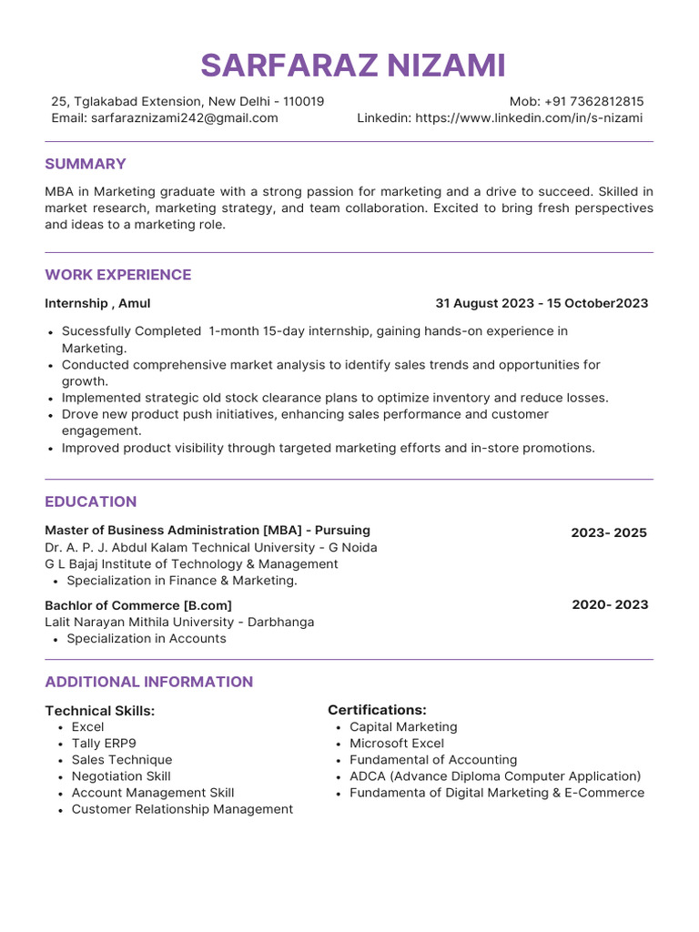 MBA Marketing Graduate with Internship Experience | PDF