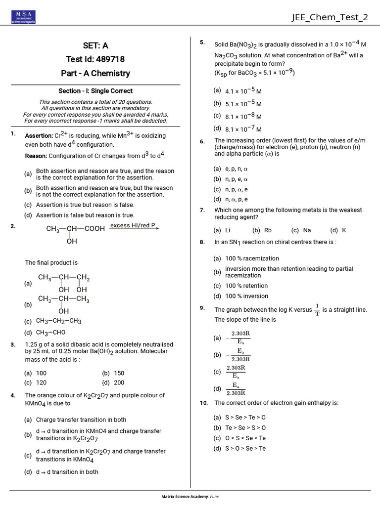 JEE Chemistry Test Questions and Answers | PDF | Mole (Unit) | Chemistry