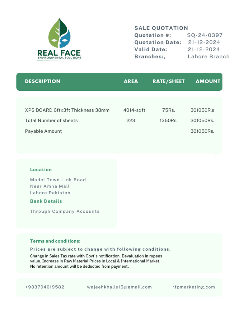 Sale Quotation for XPS Board in Lahore | PDF