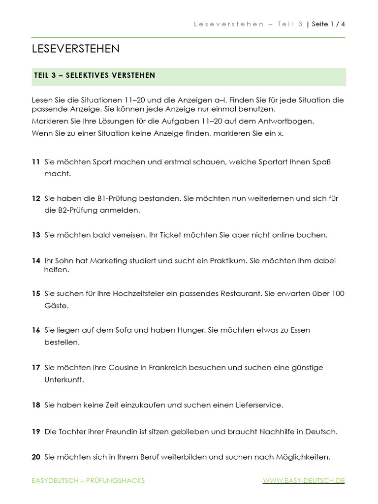 EasyDeutsch Modelpr Fung Leseverstehen Teil 3 | PDF