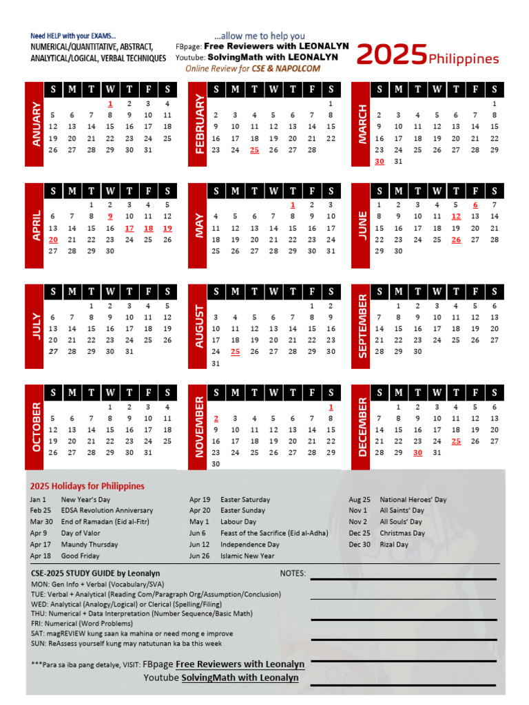 2025 Philippine Holidays & Exam Guide | PDF | Equations | Mathematics