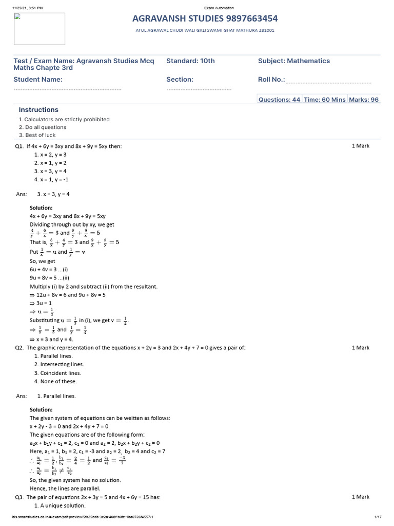Class 10 Math Exam Solutions | PDF | Equations | Algebra