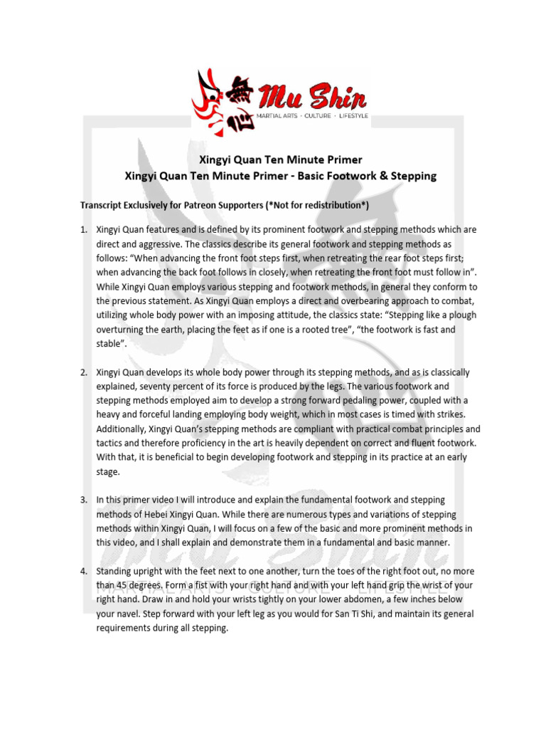 Xingyi Quan Ten Minute Primer - Basic Footwork & Stepping - Transcript ...