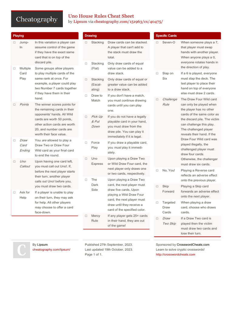 UNO House Rules Cheat Sheet | PDF | Playing Cards | Consumer Goods