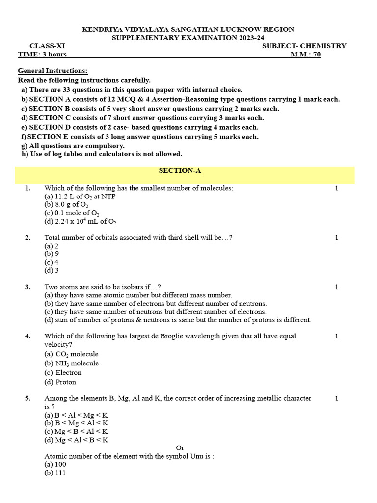 Class 11 Chemistry Supplementary Exam 2024 | PDF | Chemical Compounds ...