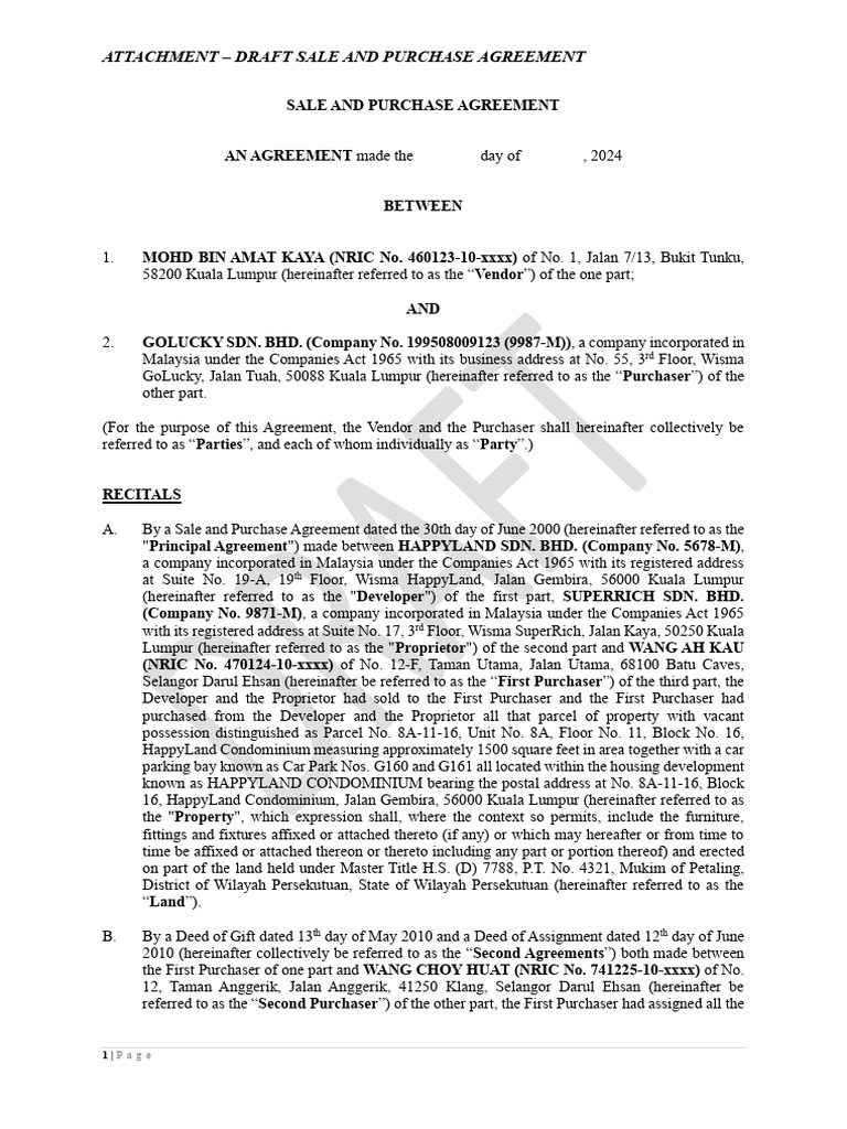 Draft Sale and Purchase Agreement Malaysia | PDF | Interest | Receipt