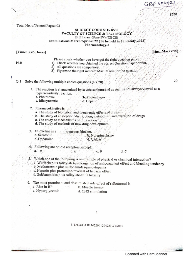 Pharmacology-1, Question Paper | PDF