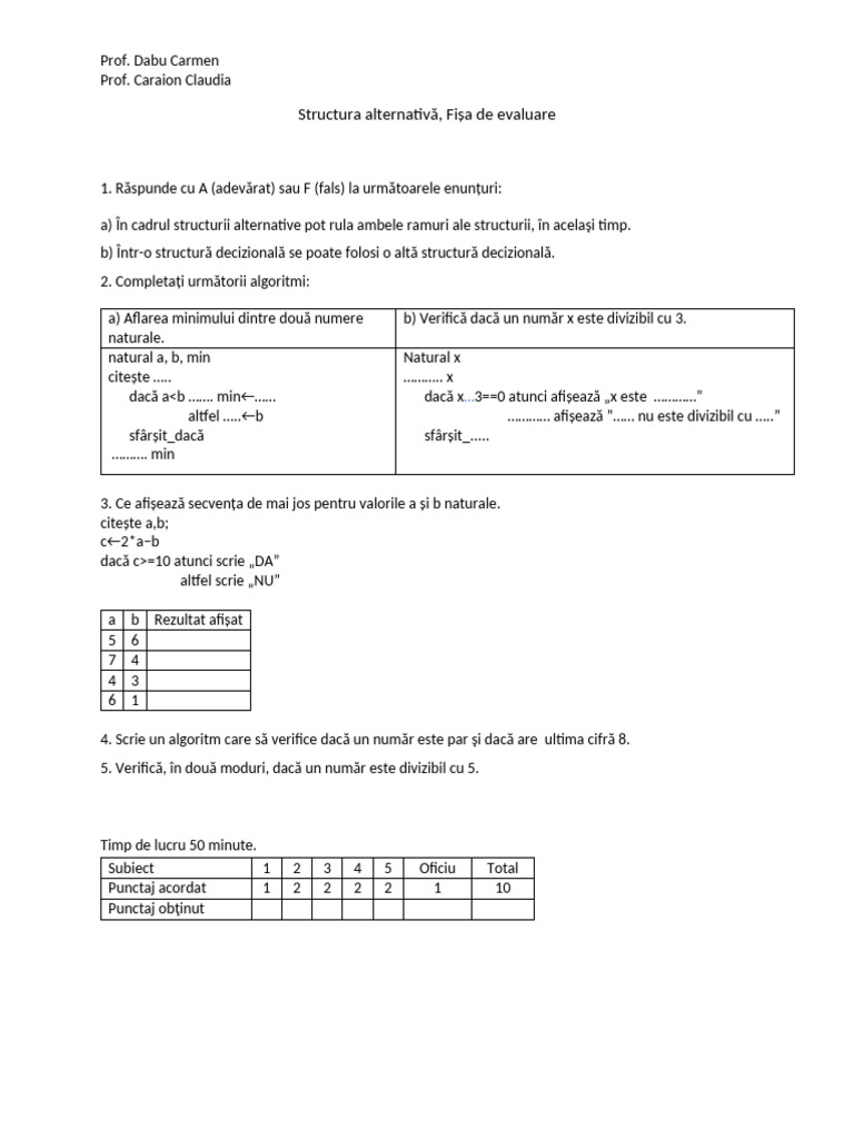 Structura Alternativa, Fisa de Evaluare | PDF