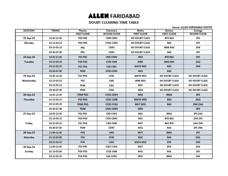 Doubt Class Time Table 23 Sep To 29 Sep | PDF