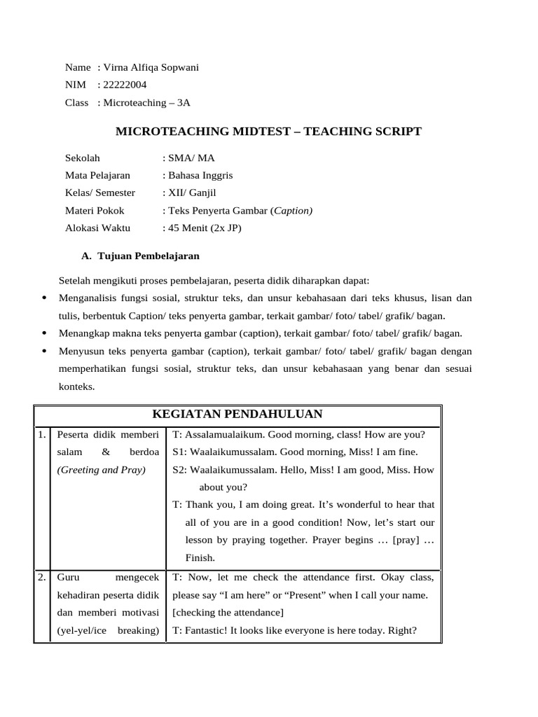 Microteaching Script: Caption Text Lesson | PDF | Cognition | Cognitive ...