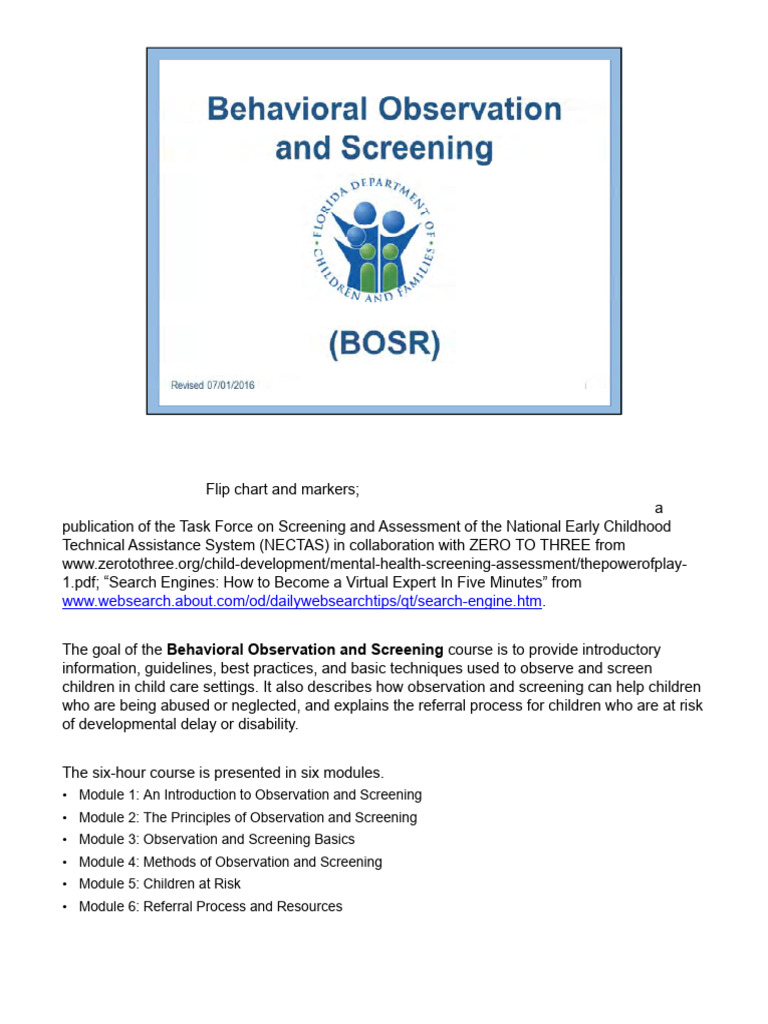 BOSR Trainer Guide 07 01 2016 | PDF | Child Neglect | Child Development