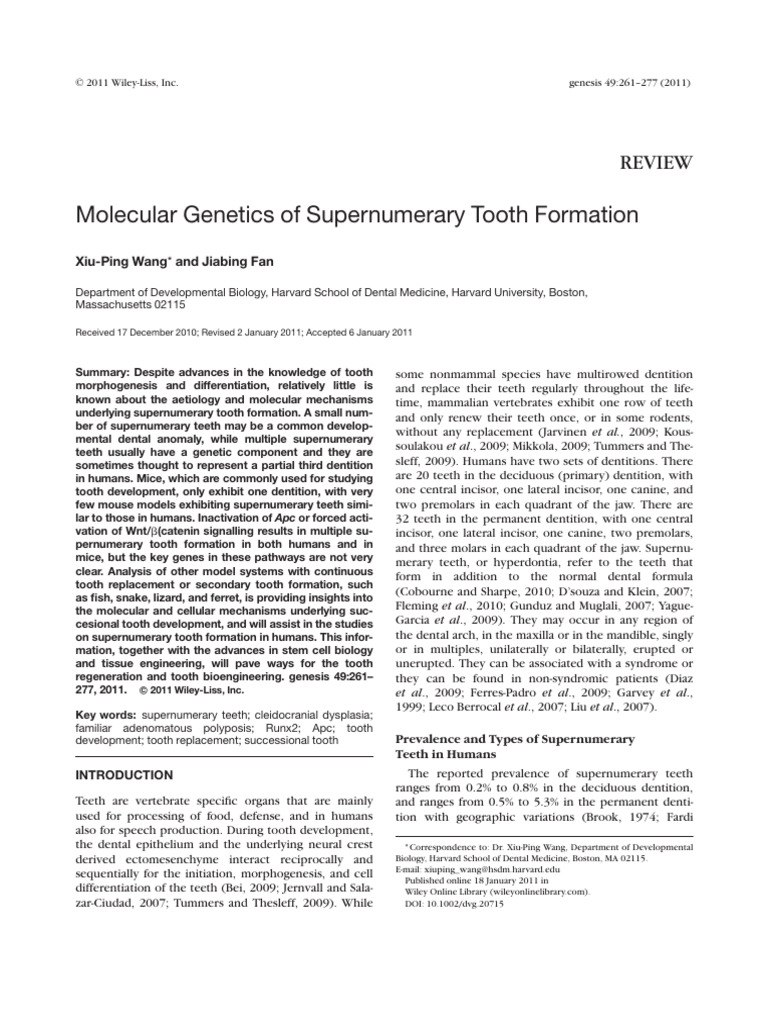 Genesis - 2011 - Wang - Molecular Genetics of Supernumerary Tooth ...