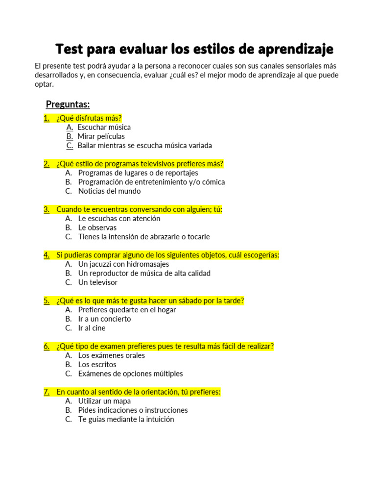 Test para identificar estilos de aprendizaje | PDF