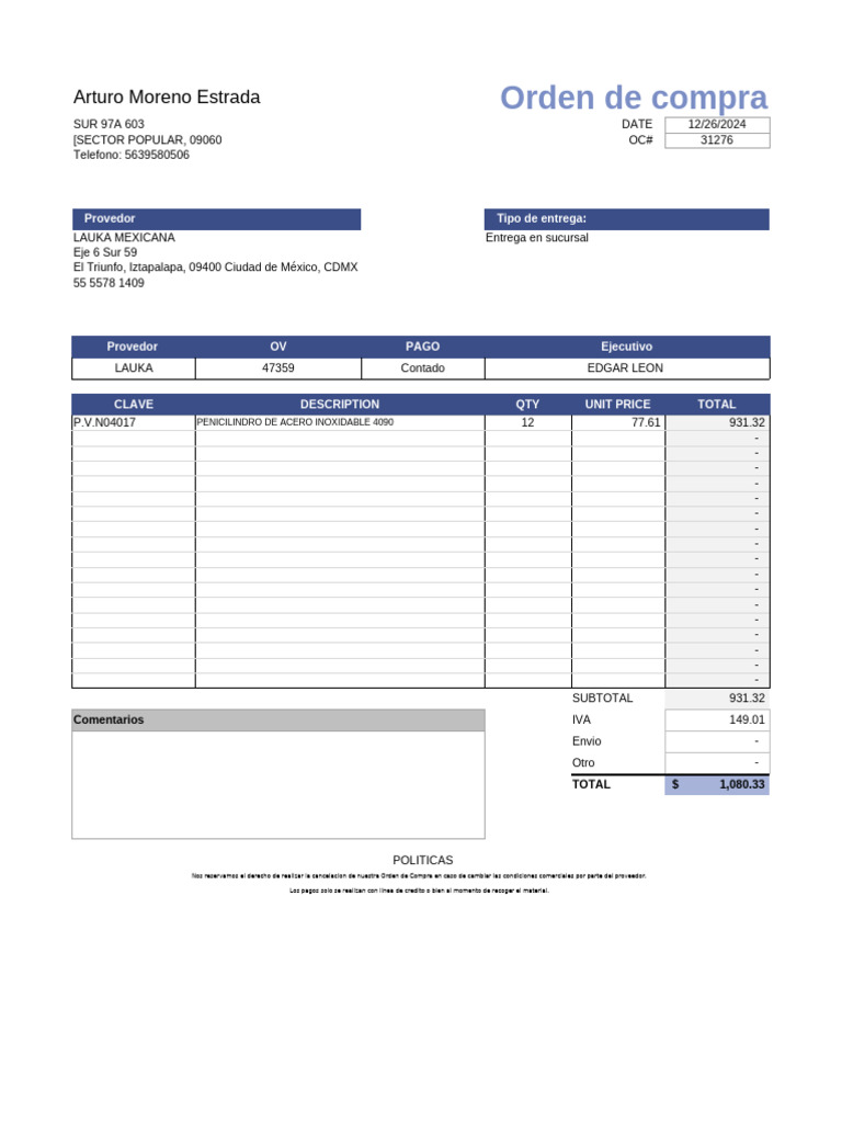 Orden de Compra para Proveedor LAUKA | PDF