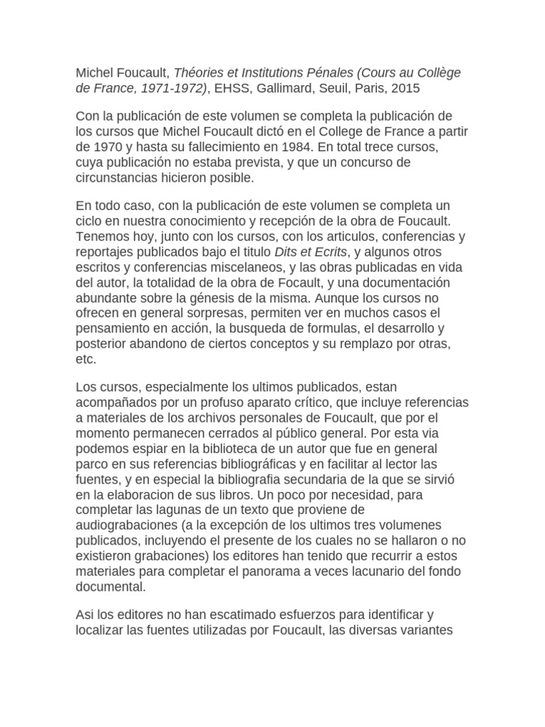 Reseña de Teorias e Instituciones Penales de Michel Foucault | PDF ...