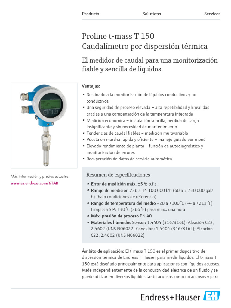 Caudalímetro T-Mass 150 de Endress+Hauser | PDF | Sensor | Medición de ...