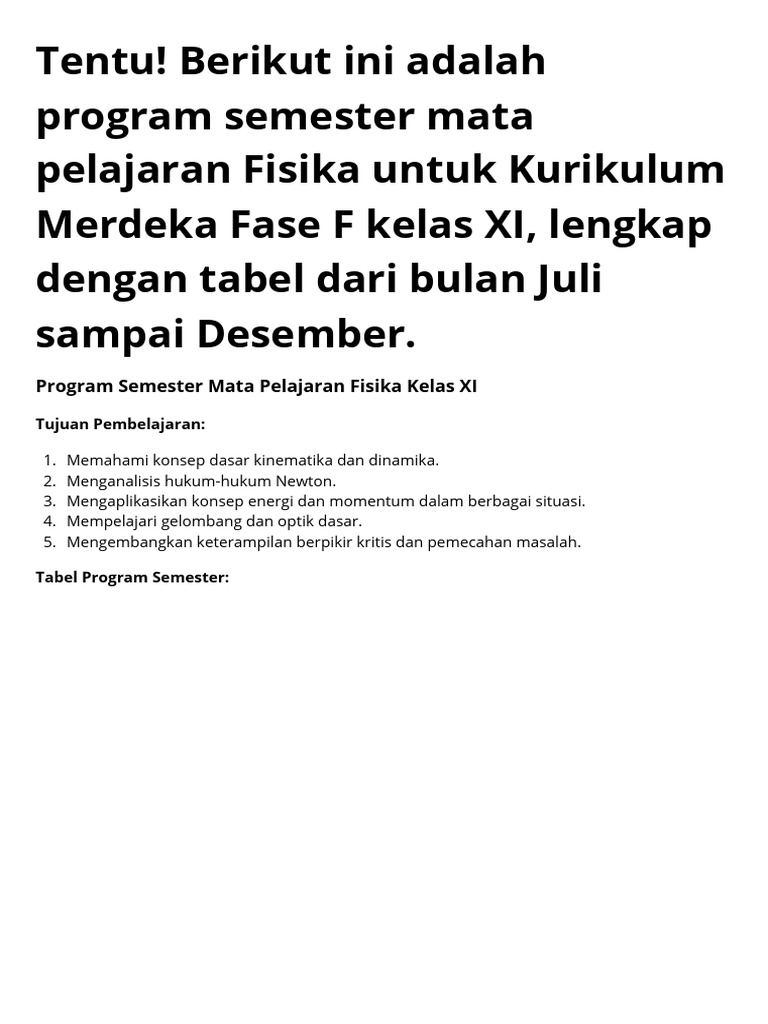 Tentu, Berikut Adalah Program Semester Untuk Mata Pelajaran Fisika ...