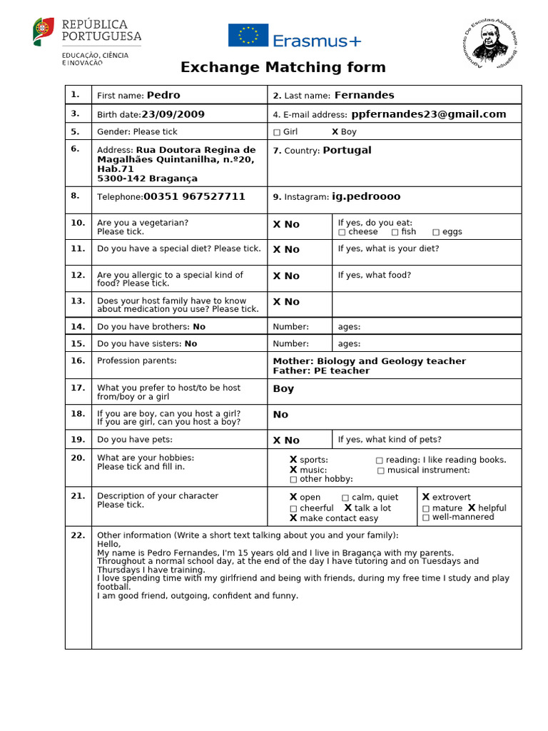 Erasmus+ Student Exchange Matching Form 24 - 25 | PDF