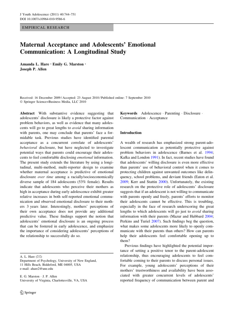 Maternal Acceptance and Teen Disclosure | PDF | Adolescence | Parenting