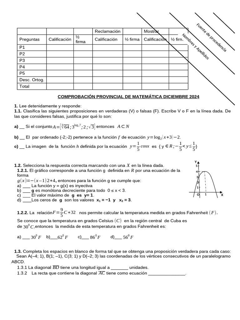 Ejercicios de Matemática para 12no Grado en Base A Las Pruebas de ...